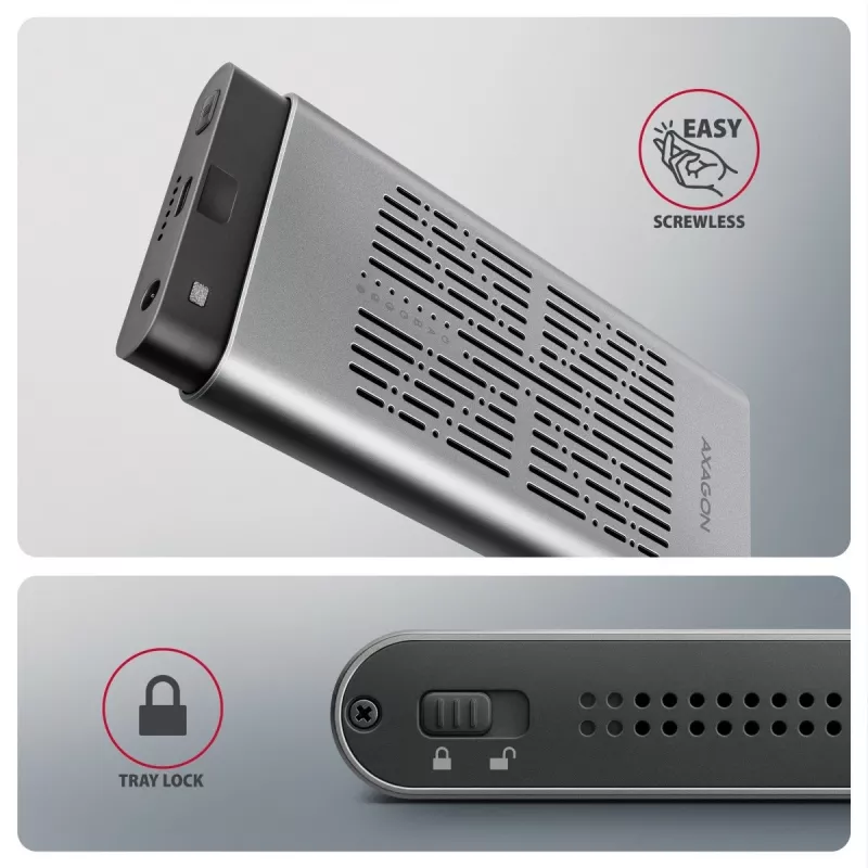 Externé puzdro AXAGON EEM2-20GD USB-C 20 Gbps pre dve M.2 NVMe SSD s hardvérovým klonovaním