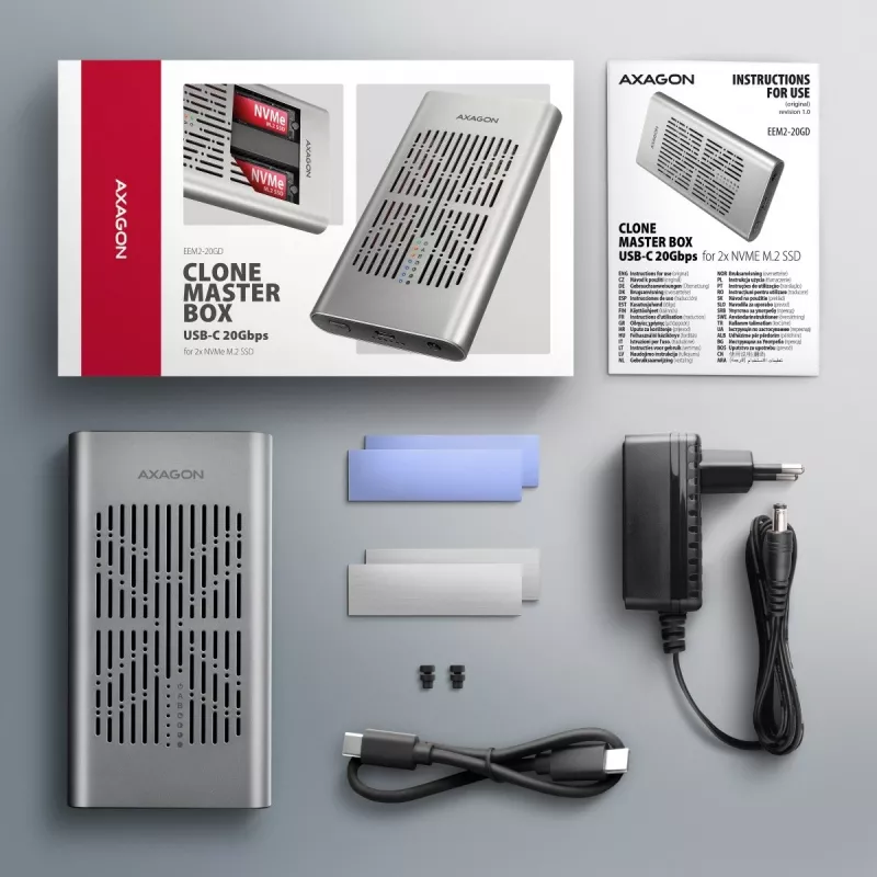 Externé puzdro AXAGON EEM2-20GD USB-C 20 Gbps pre dve M.2 NVMe SSD s hardvérovým klonovaním