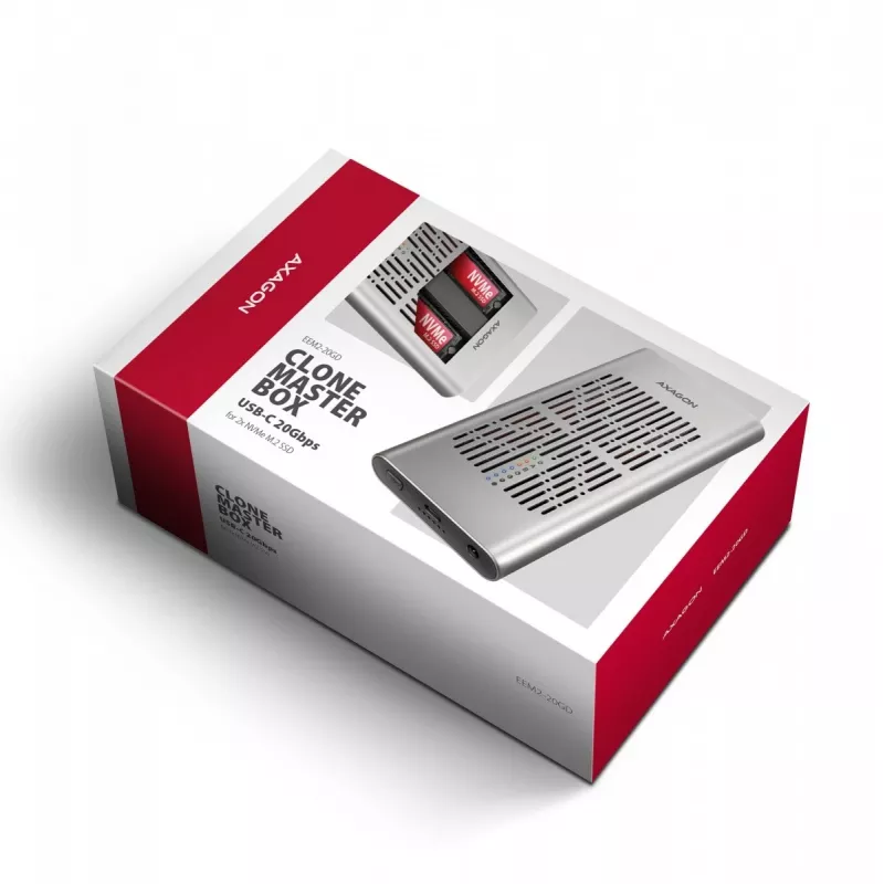 Externé puzdro AXAGON EEM2-20GD USB-C 20 Gbps pre dve M.2 NVMe SSD s hardvérovým klonovaním