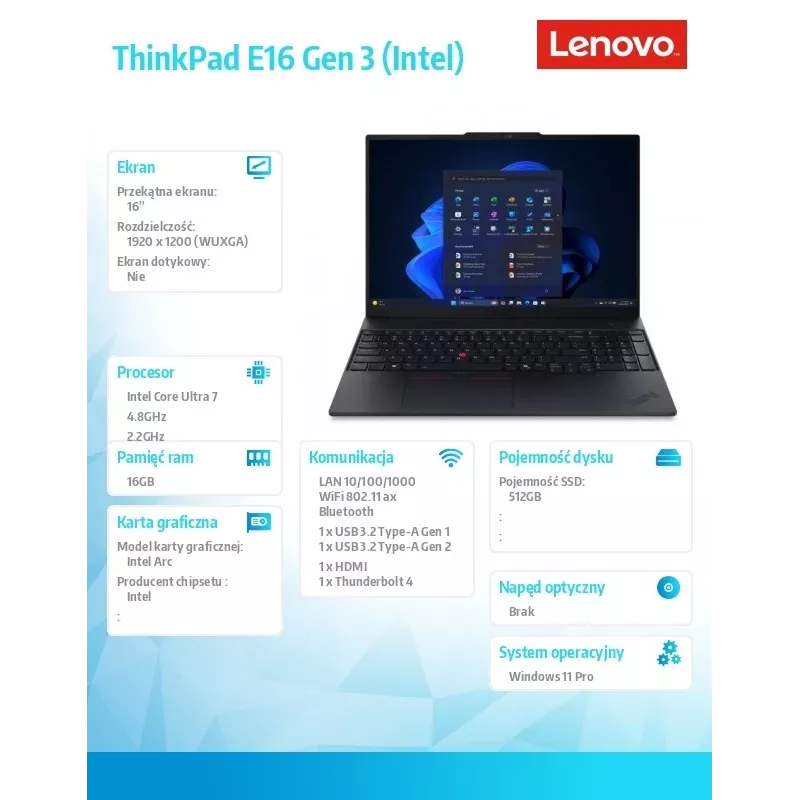 Lenovo ThinkPad E16 Gen 3 notebook, Intel Core Ultra 7 256V, 16GB RAM, 512GB SSD, 16 inch WUXGA, Windows 11 Pro, čierny