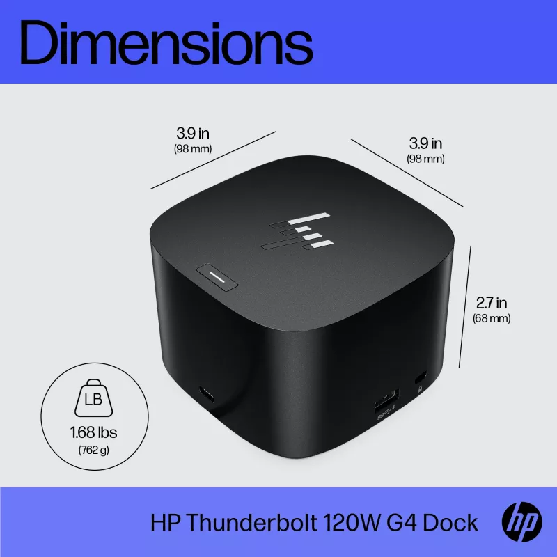HP Thunderbolt Dock 120W G4, Kensington, Čína, Thajsko, Taiwan, Business, Windows 10, Windows 11, MacOS, 98 mm