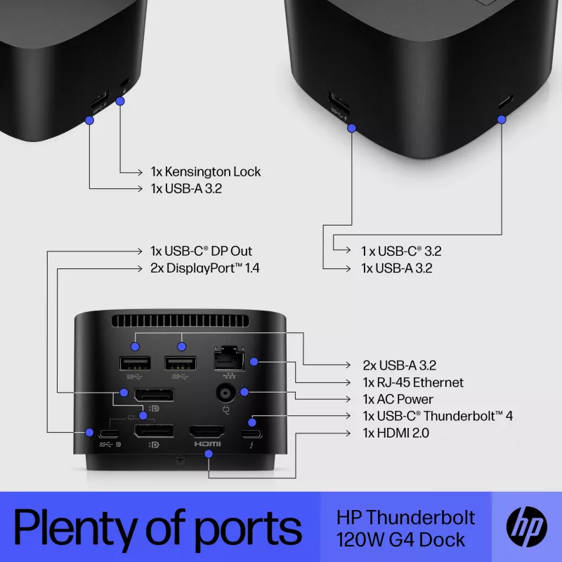 HP Thunderbolt Dock 120W G4, Kensington, Čína, Thajsko, Taiwan, Business, Windows 10, Windows 11, MacOS, 98 mm