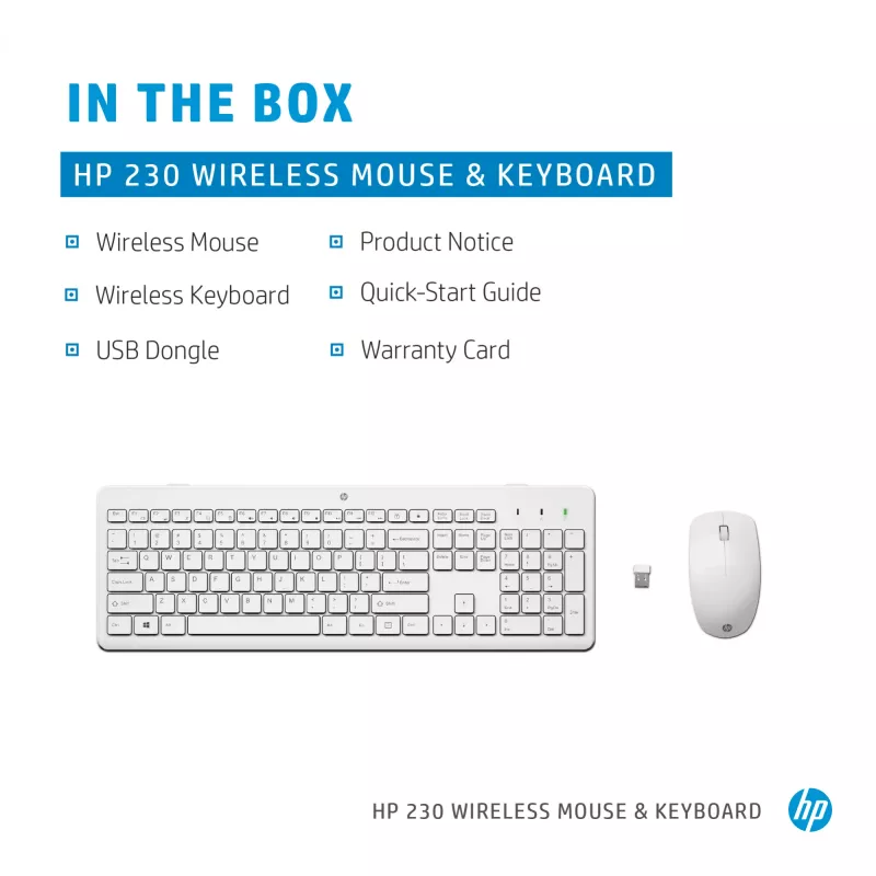 HP 230 bezdrôtová kombinácia myši a klávesnice, biela, myš v balení