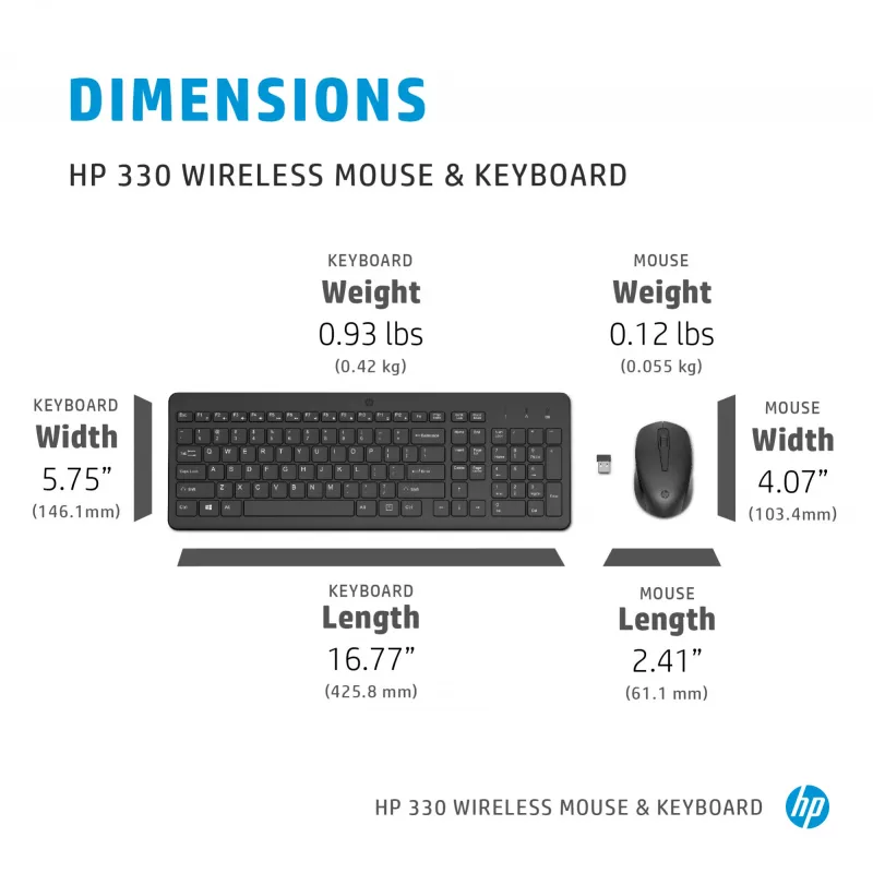 Bezdrôtová súprava klávesnice a myši HP 330 — Full-Size klávesnica, RF Wireless, čierna, myš v balení