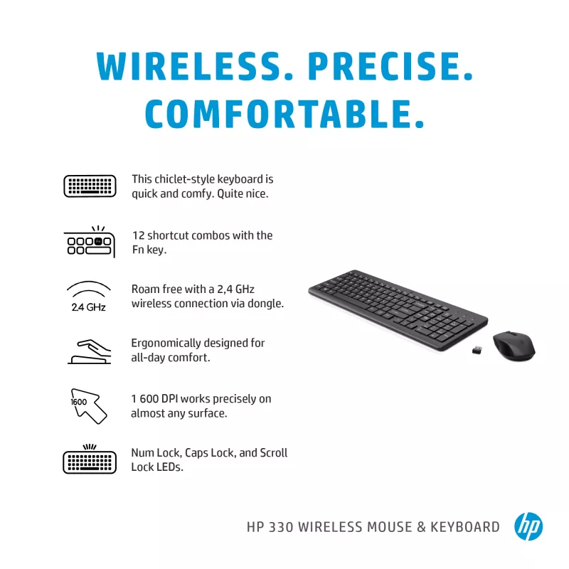 Bezdrôtová súprava klávesnice a myši HP 330 — Full-Size klávesnica, RF Wireless, čierna, myš v balení