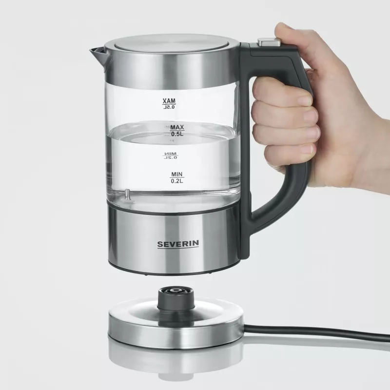 Rýchlovarná kanvica SEVERIN WK3458, 0,5 L, 1100 W, sklo a nerez, 5 nastavení teploty, bezdrôtová