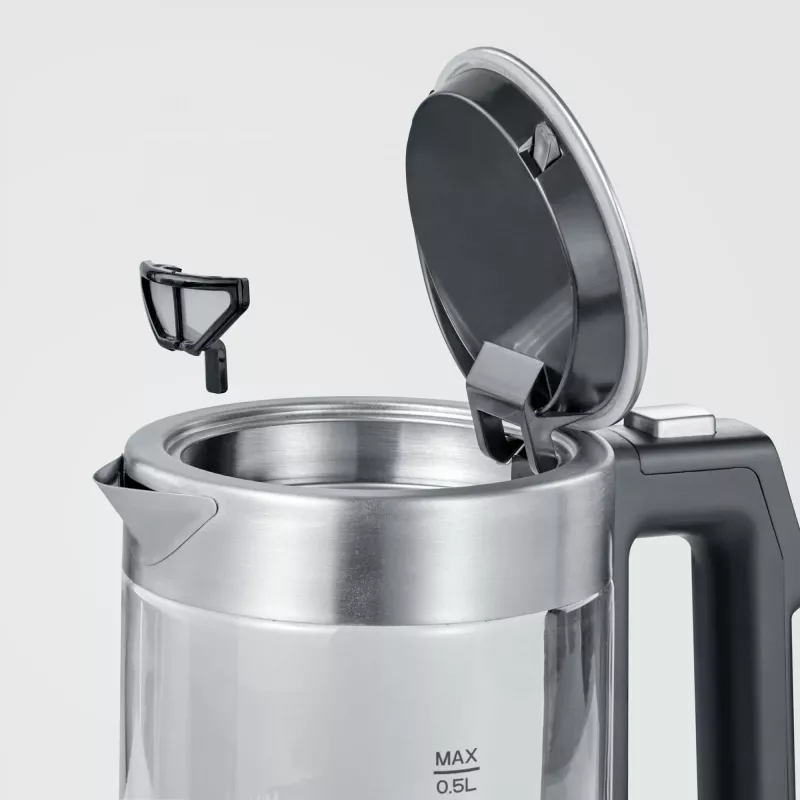 Rýchlovarná kanvica SEVERIN WK3458, 0,5 L, 1100 W, sklo a nerez, 5 nastavení teploty, bezdrôtová