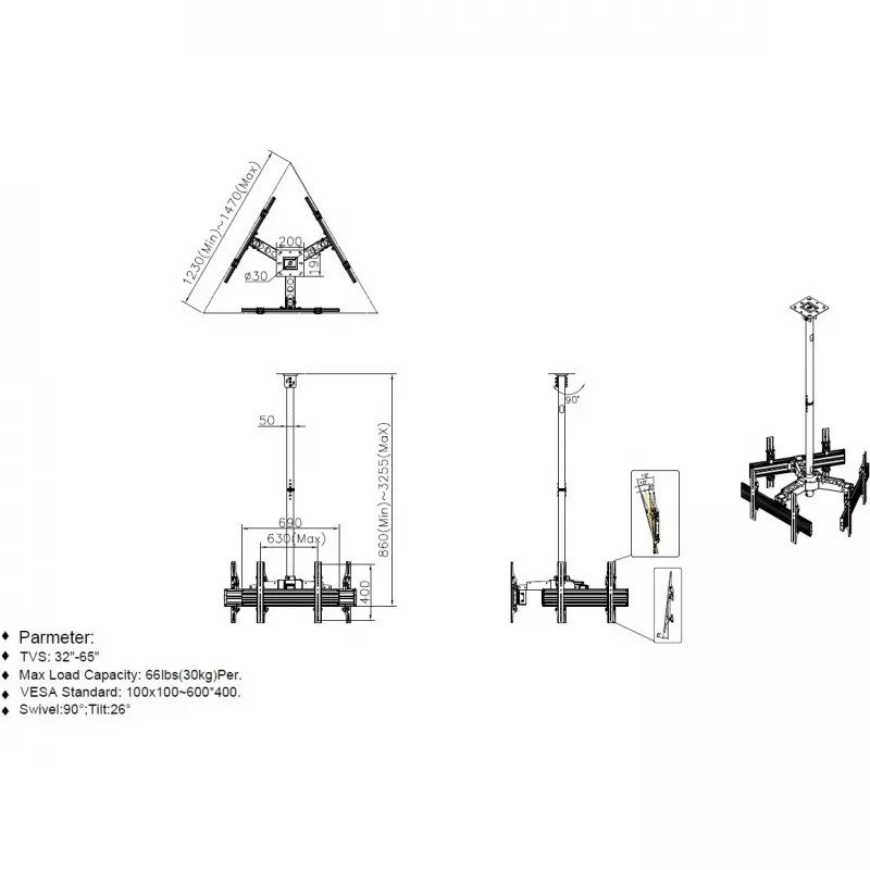 Stropný držiak na tri monitory Equip 650371