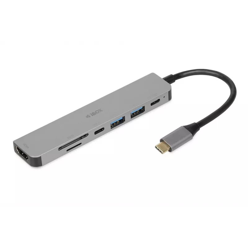 Dokovací hub IBOX IUH3SL4K USB Type-C 5 Gbit/s, HDMI 4K@30Hz, PD do 100 W, 2x USB-A, 2x USB-C, čítačka kariet, strieborný