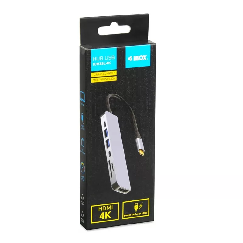 Dokovací hub IBOX IUH3SL4K USB Type-C 5 Gbit/s, HDMI 4K@30Hz, PD do 100 W, 2x USB-A, 2x USB-C, čítačka kariet, strieborný