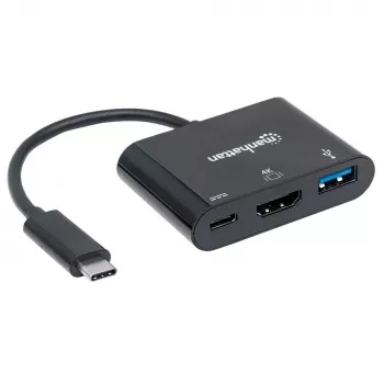 Manhattan USB-C dok/hub, porty (x3): HDMI, USB-A a USB-C, 5 Gbit/s (USB 3.2 Gen1 alias USB 3.0), s Power Delivery (60W) na USB-C port (poznámka: dodatočný USB-C napájací zdroj a USB-