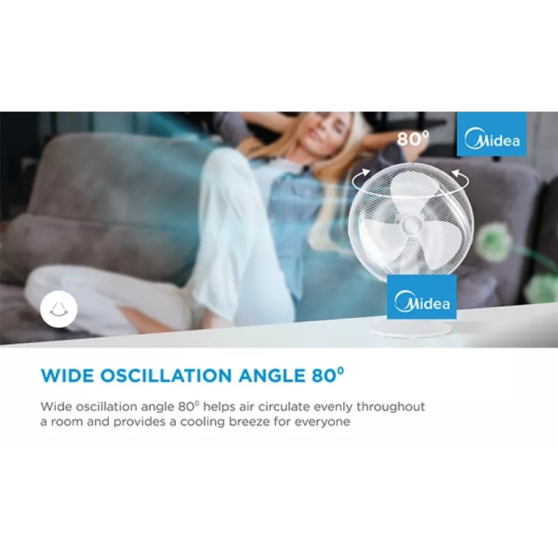 Stolný ventilátor Midea FT40-21M — 40 cm priemer, 3 rýchlosti, oscilácia, 25 W, biely