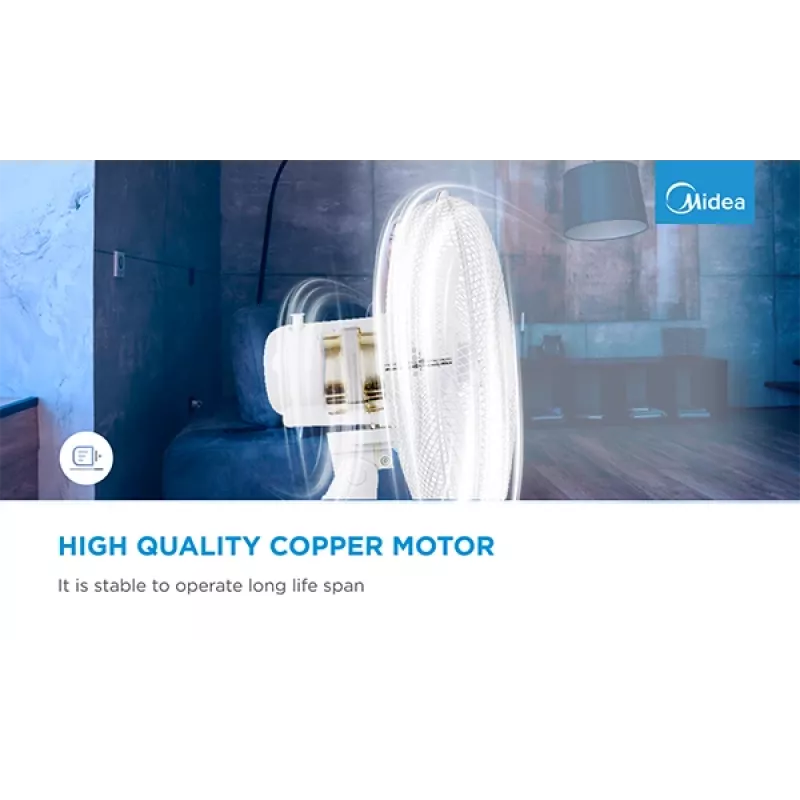 Stolný ventilátor Midea FT40-21M — 40 cm priemer, 3 rýchlosti, oscilácia, 25 W, biely