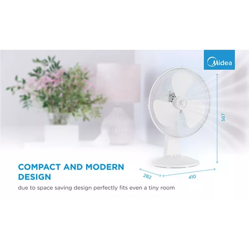 Stolný ventilátor Midea FT40-21M — 40 cm priemer, 3 rýchlosti, oscilácia, 25 W, biely