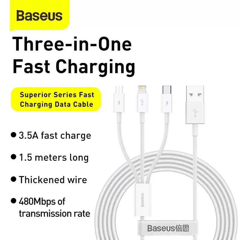 USB kábel Baseus Superior USB 2.0 1,5 m USB A USB C/Micro USB A/Lightning biely