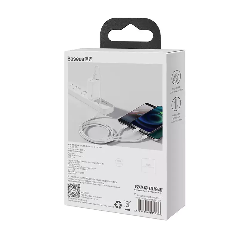 USB kábel Baseus Superior USB 2.0 1,5 m USB A USB C/Micro USB A/Lightning biely