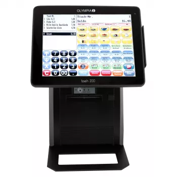 All-in-One pokladničný systém Olympia Touch 200 TSE – 24,6 cm (9,7″) TFT dotykový displej, termotlačiareň 170 mm/s, SD karta, čierna