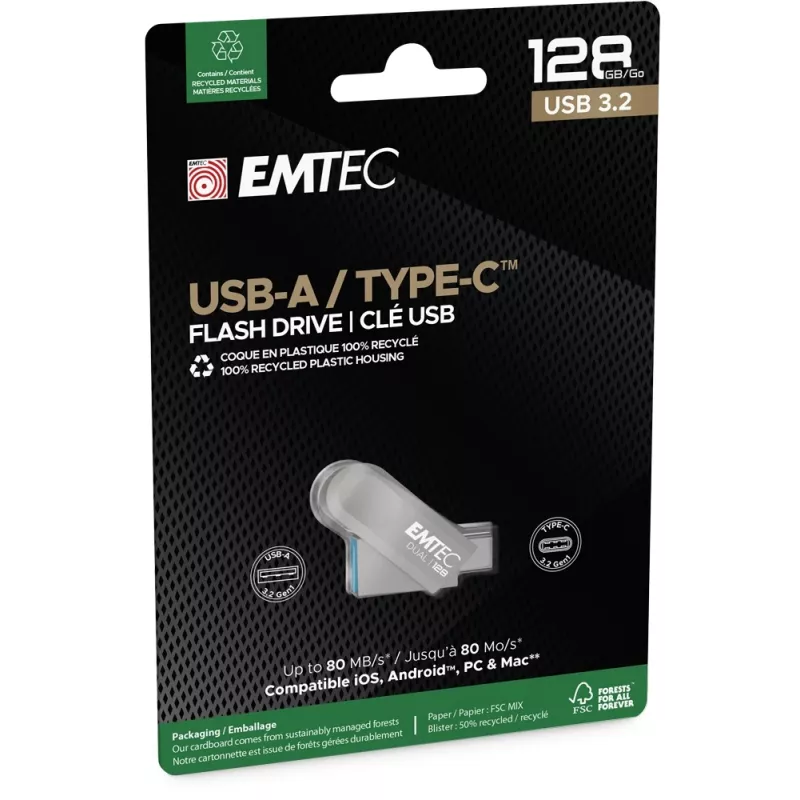USB pamäťový kľúč Emtec 128 GB USB Type-A USB Type-C D280