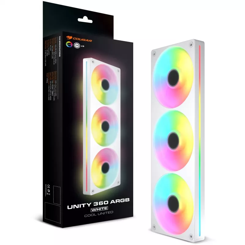 COUGAR Unity360-FB 360mm Single-Frame ARGB PWM Reversed Fan, 120mm x3, 700–1600 RPM, FDB, biela