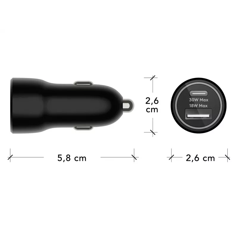 Auto nabíjačka d bramante re-charge — USB-C 30W + USB-A 18W, 12–24V, čierna