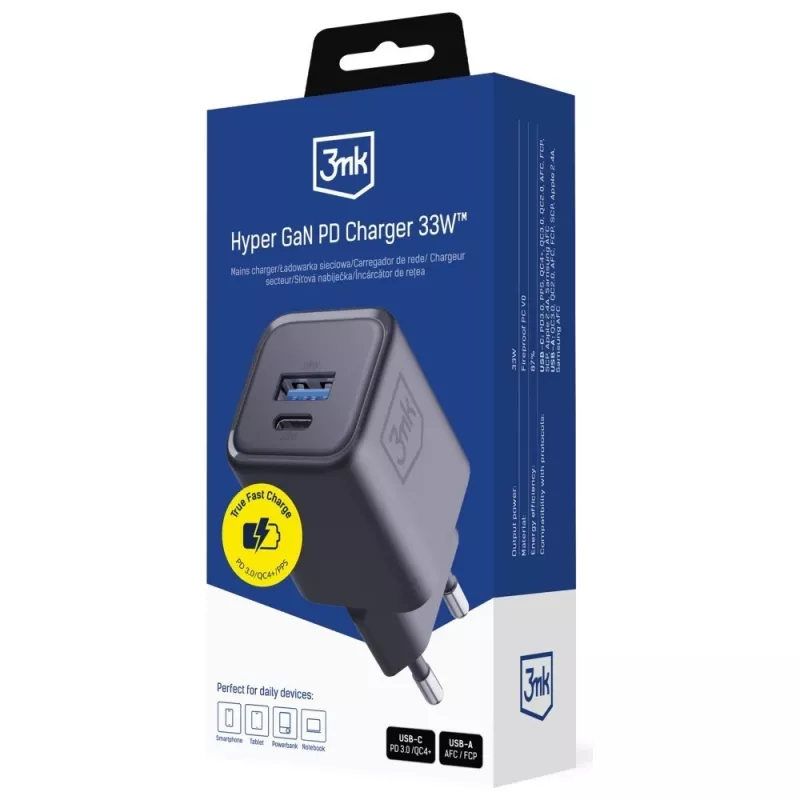 Nabíjačka 3MK Hyper Charger PD 33W GaN QC4+ čierna — 33W PD rýchlonabíjačka s GaN technológiou