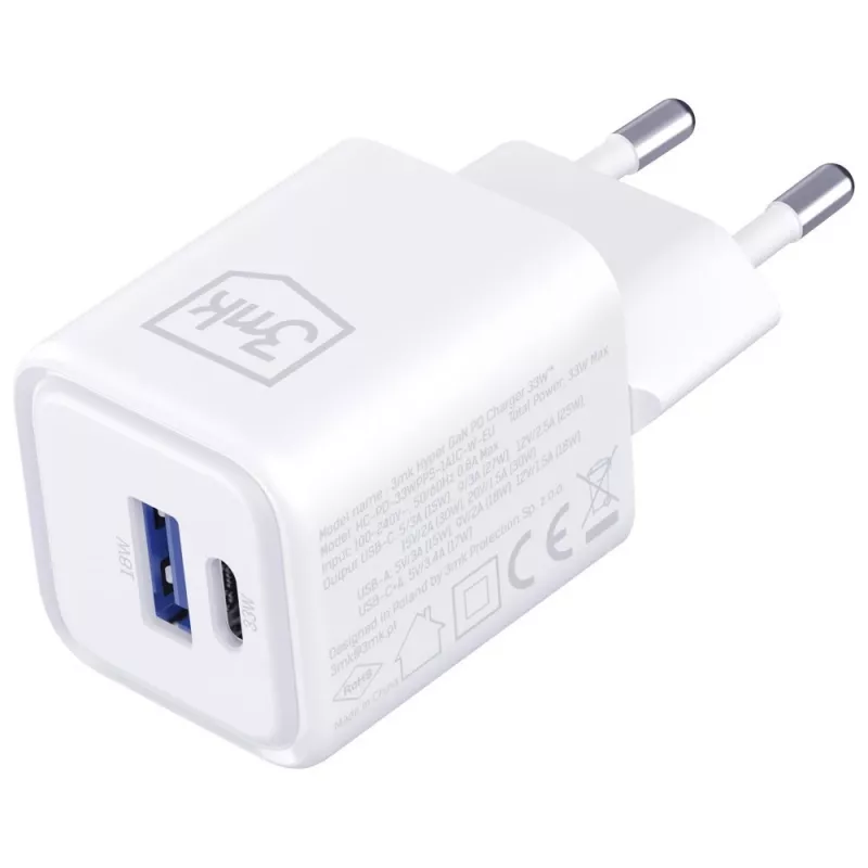 Nástenná nabíjačka 3MK Hyper Charger PD 33W GaN QC4+ biela – USB-C PD 33W, GaN, Quick Charge 4+