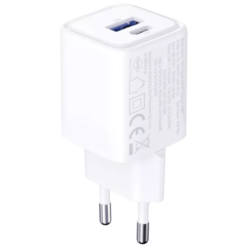 Nástenná nabíjačka 3MK Hyper Charger PD 33W GaN QC4+ biela – USB-C PD 33W, GaN, Quick Charge 4+
