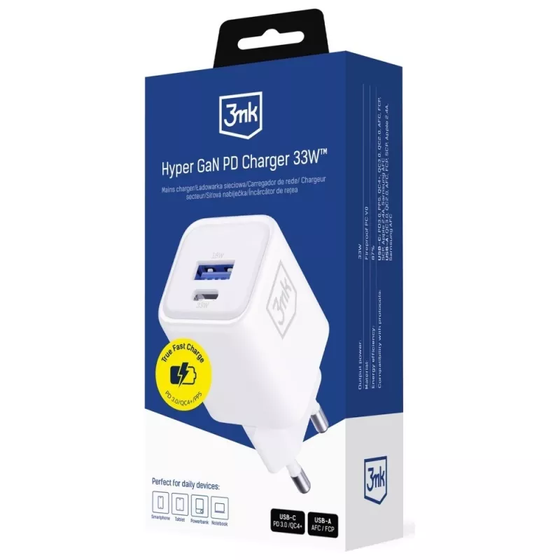 Nástenná nabíjačka 3MK Hyper Charger PD 33W GaN QC4+ biela – USB-C PD 33W, GaN, Quick Charge 4+
