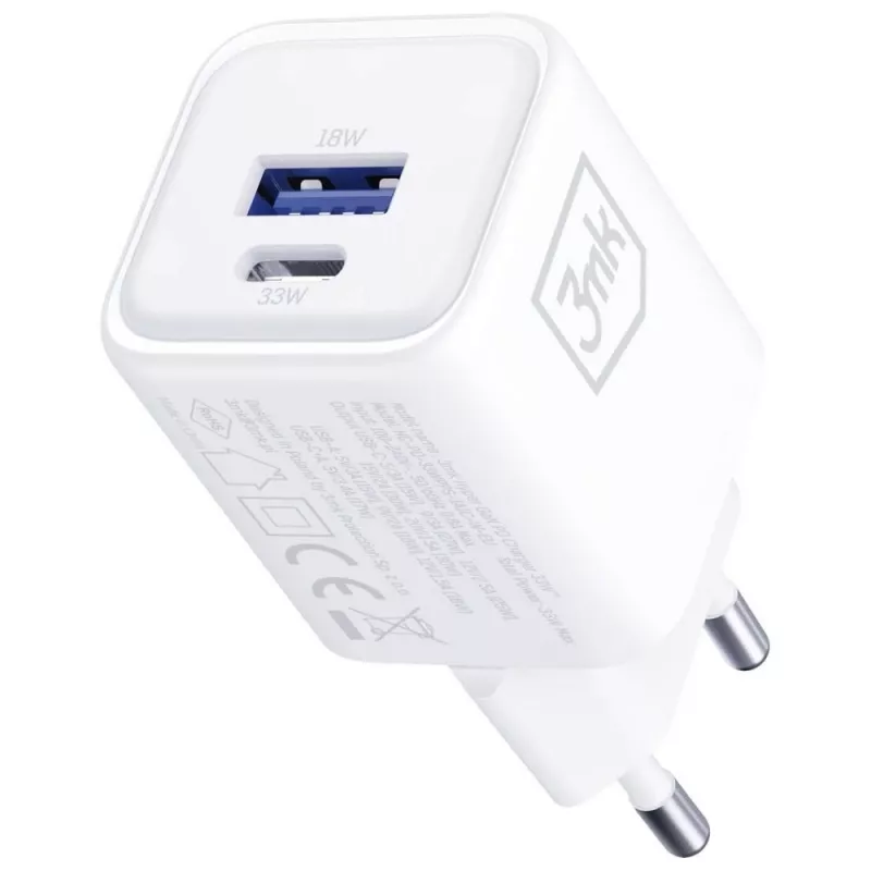 Nástenná nabíjačka 3MK Hyper Charger PD 33W GaN QC4+ biela – USB-C PD 33W, GaN, Quick Charge 4+