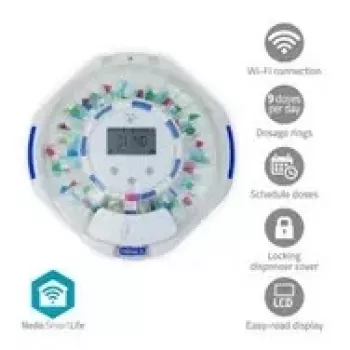Dávkovač tabliet Nedis SmartLife s 28 priehradkami, 9 pripomienok, biela