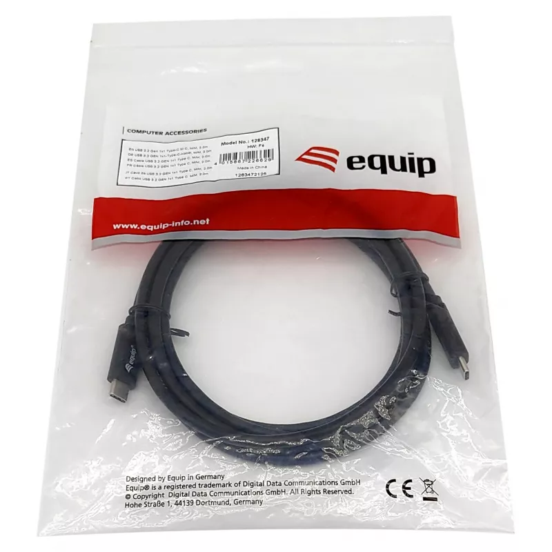 USB-C na USB-C kábel EQUIP 128348, USB 3.2 Gen 1 (5 Gbit/s), PD 60 W, 0,5 m, čierny