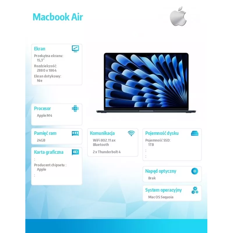 Notebook Apple MacBook Air M4 15,3 palca 24GB 1TB macOS Midnight 70W