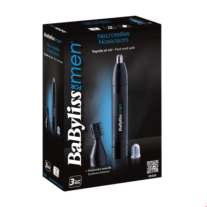 Precízny zastrihávač BABYLISS E652E na uši a nos, čierny, AA batéria