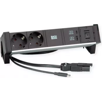 Napájací modul Bachmann DESK2 ALU čierna – stolová zásuvková jednotka s 2x CEE7/3 zásuvkami, 1,0 m kábel, 1x USB nabíjačka 22W