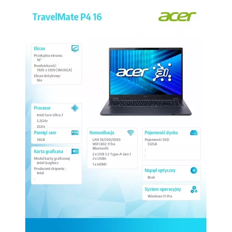 Acer TravelMate P4 TMP416-54-TCO Laptop s Intel Ultra 7 255U, 16 GB RAM, 512 GB SSD, Windows 11 Pro