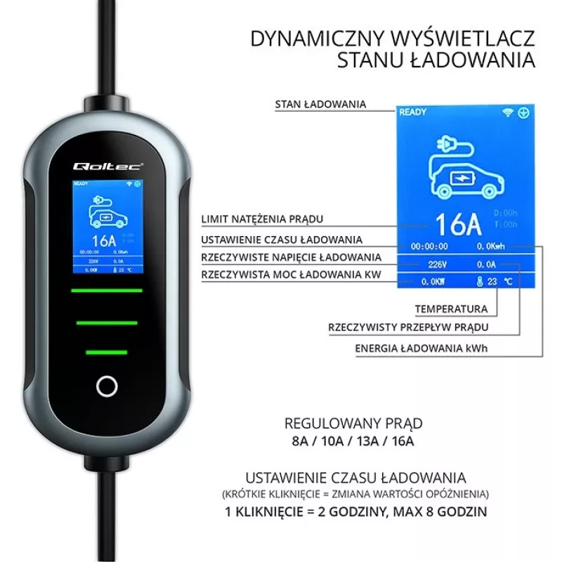Nabíjačka pre elektromobil QOLTEC 11 kW 400 V CEE 16 A s WiFi