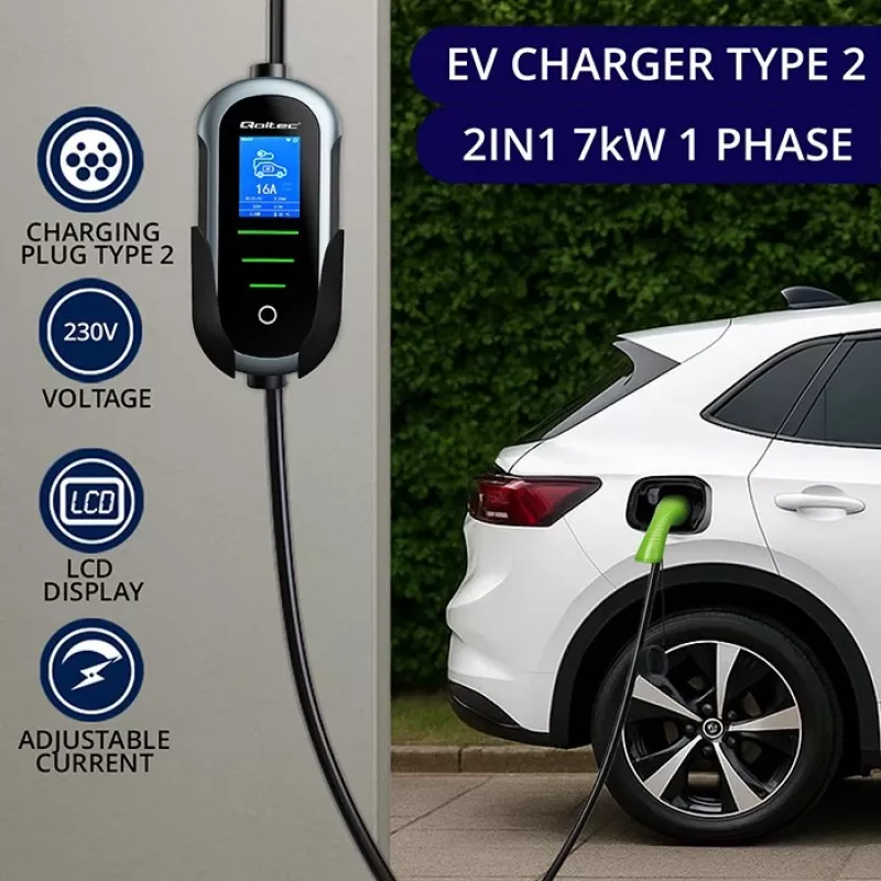 Nástenná nabíjačka pre elektromobil QOLTEC 7 kW 230V CEE 32A s Wi‑Fi a LCD (model 52721)