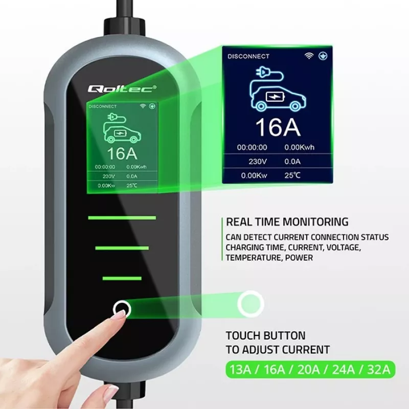 Nástenná nabíjačka pre elektromobil QOLTEC 7 kW 230V CEE 32A s Wi‑Fi a LCD (model 52721)