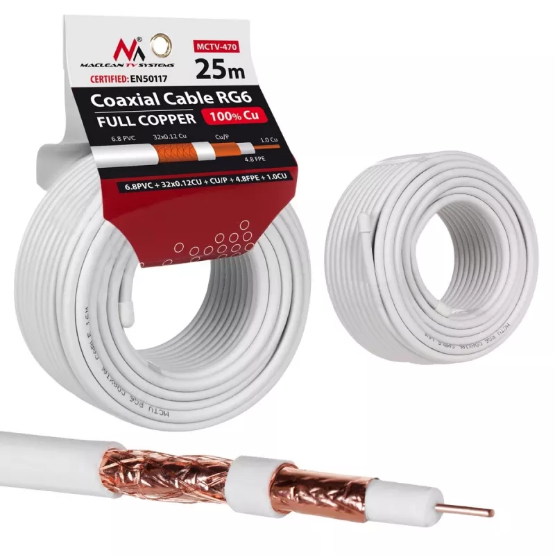 Koaxiálny kábel MACLEAN MCTV-470 RG-6/U 25 m, biely