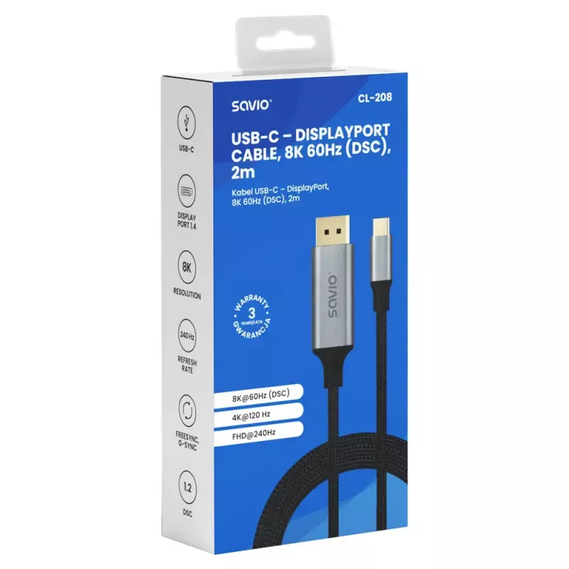 USB-C na DisplayPort kábel SAVIO CL-208 (DisplayPort 1.2, 2 m)