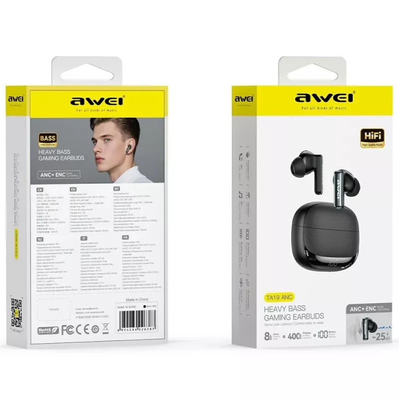 Awei Bluetooth slúchadlá model ANC TA19 TWS s aktívnym potlačením hluku, True Wireless Stereo, Bluetooth pripojenie
