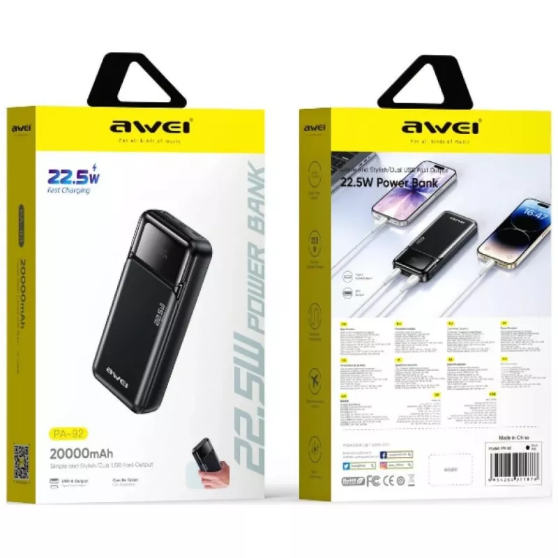 Powerbank Awei PA-92 20000 mAh 22,5 W PD s 2x USB-C konektormi