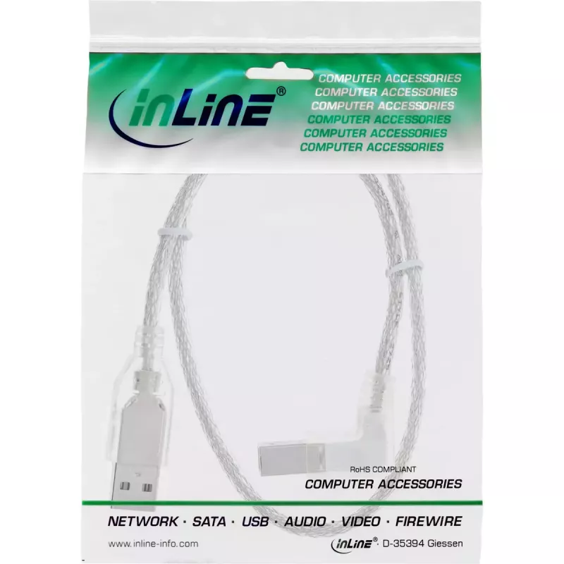 USB 2.0 kábel InLine Type-A (zahnutý) na Type-B konektor samec, 0,3 m, transparentný