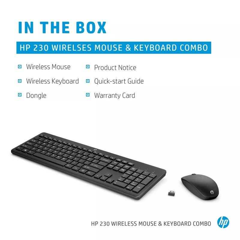 HP 230 bezdrôtová kombinácia myši a klávesnice, Full-Size, bezdrôtová, RF Wireless, membránová, čierna, myš v balení