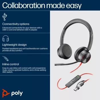 HP Poly Blackwire 8225 USB-C headset, káblový, kancelária/call centrum, 185 g, headset, čierny