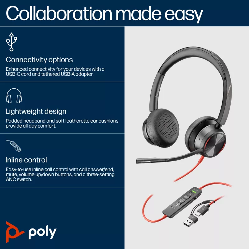 HP Poly Blackwire 8225 USB-C headset, káblový, kancelária/call centrum, 185 g, headset, čierny
