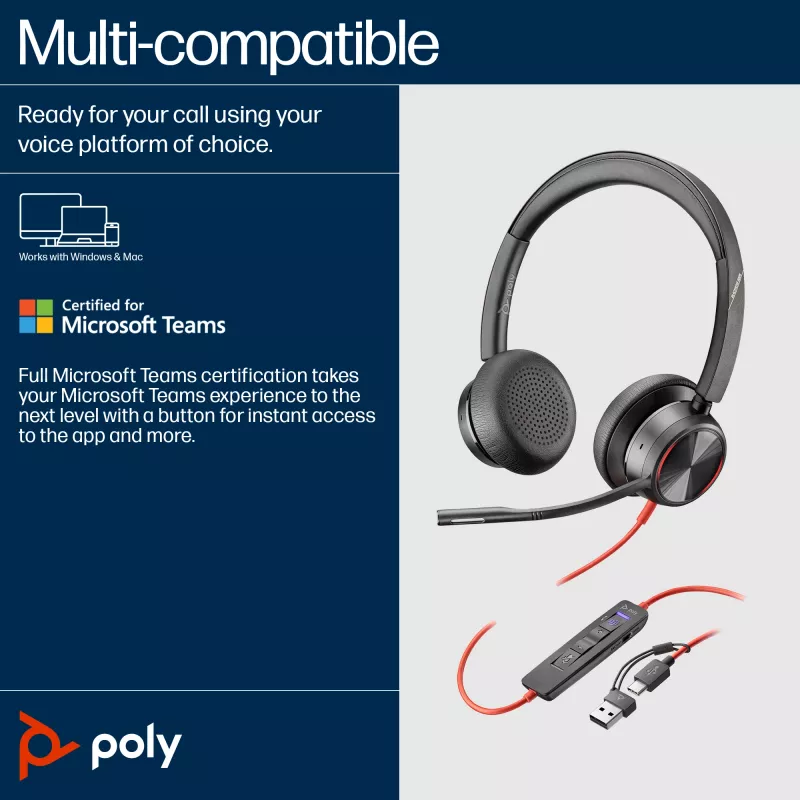 HP Poly Blackwire 8225 USB-C headset, káblový, kancelária/call centrum, 185 g, headset, čierny