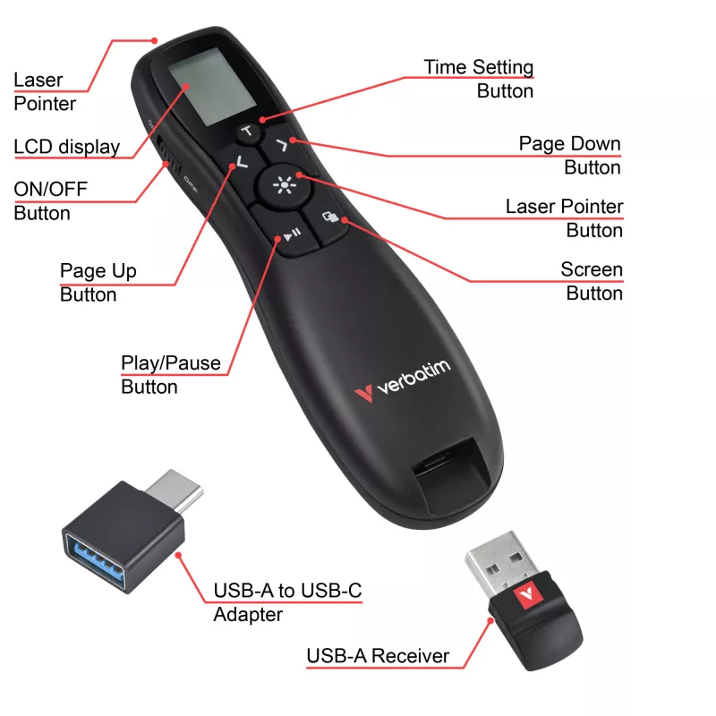 Verbatim Keynote bezdrôtový prezentér s LCD displejom, RF, USB, 30 m, čierna