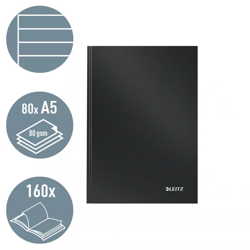 Leitz zápisník Solid Hardcover A5 linajkovaný 90 g 80 listov, monochromatický, čierna, A5, 80 listov, lesklý, 80 g/m²