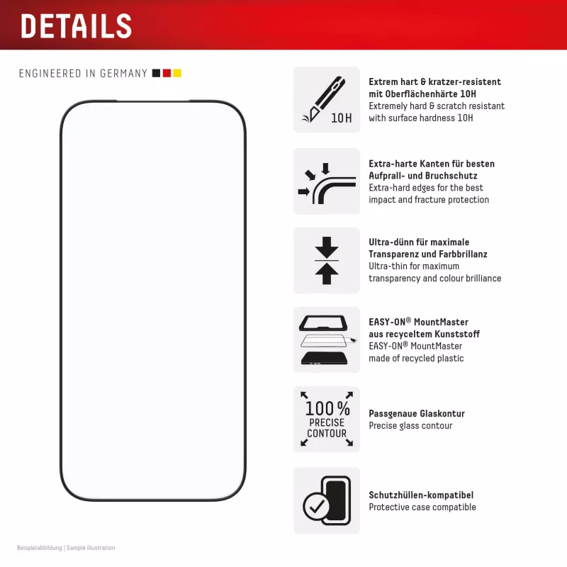 Ochrana displeja e.v.i. Displex iPhone 17 Pro Premium s montážnou pomôckou – odolná proti poškriabaniu, transparentná/čierna